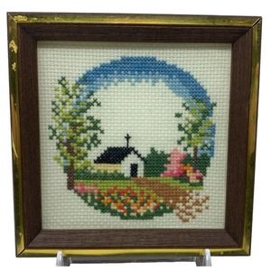 vintage handmade cross stitch church country landscape framed preworked 6x6